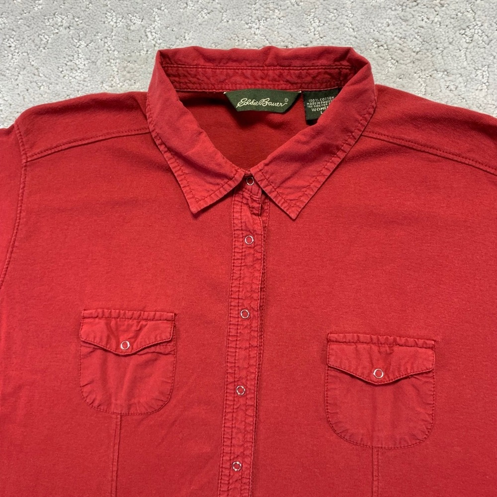 Eddie Bauer Short Sleeve Button Snap Shirt Size Large Womens Red Preppy